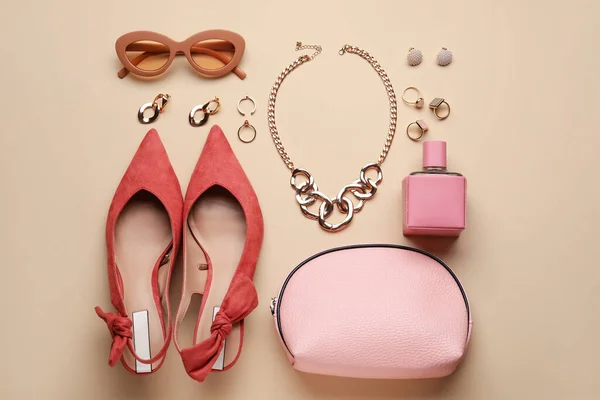 Set Female Accessories Shoes Color Background — Stock Photo, Image