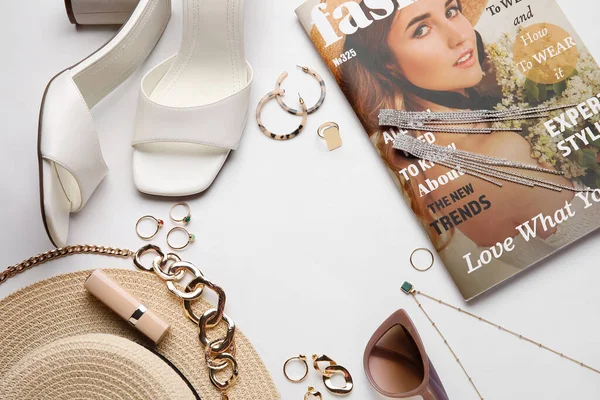 Frame Made Female Accessories Shoes Magazine White Background Closeup — Stock Photo, Image