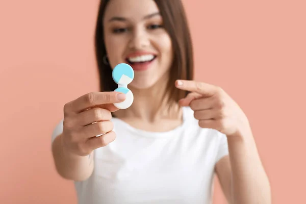 Young Woman Contact Lenses Color Background Closeup — Stock Photo, Image