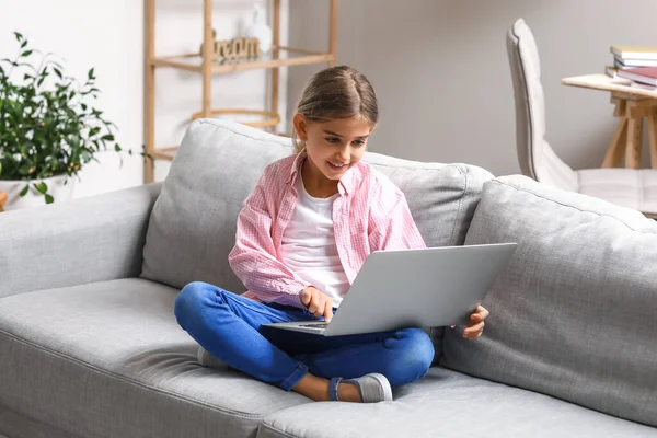 Cute Girl Watching Cartoons Home — Stock Photo, Image