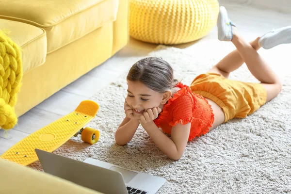 Cute Girl Watching Cartoons Home — Stock Photo, Image