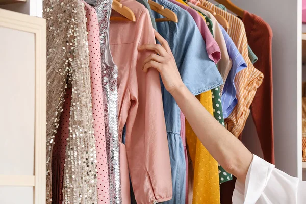 Young Woman Clothes Dressing Room Closeup — Stock Photo, Image