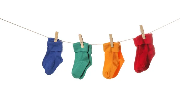 Different Baby Socks Hanging Rope White Background — Stock Photo, Image