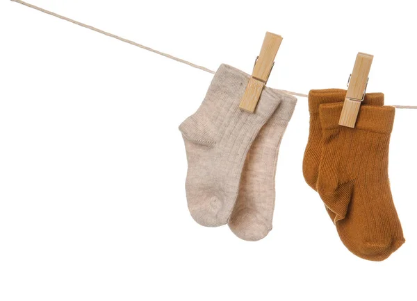 Baby Socks Hanging Rope White Background — Stock Photo, Image