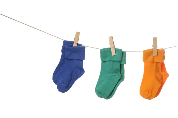 Different Baby Socks Hanging Rope White Background — Stock Photo, Image