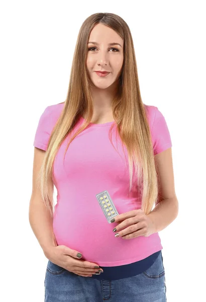 Młoda Kobieta Ciąży Tabletkami Białym Tle — Zdjęcie stockowe