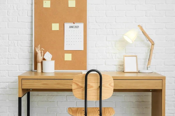 Modern Workplace Sticker Board Brick Wall — Stock Photo, Image