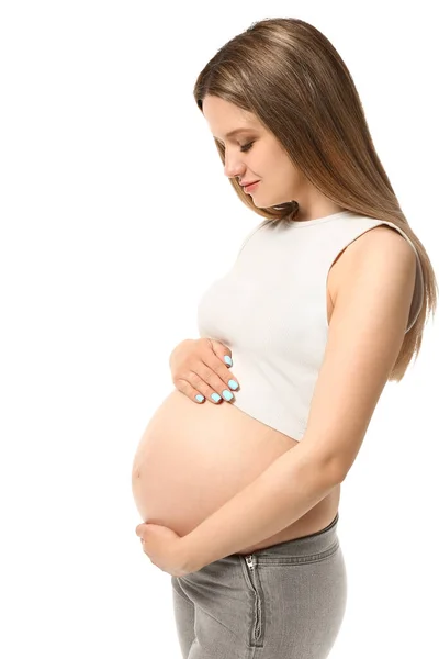 Giovane Donna Incinta Sfondo Bianco — Foto Stock