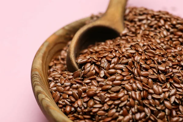 Bowl Flax Seeds Color Background Closeup — Stock Photo, Image