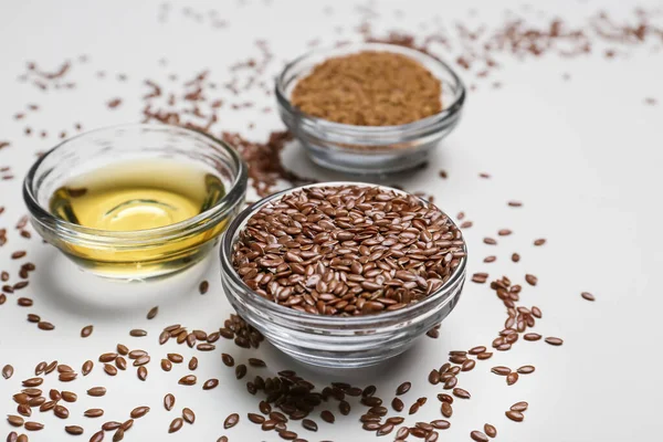 Bowls Flax Seeds Oil Light Background Closeup — Stock Photo, Image