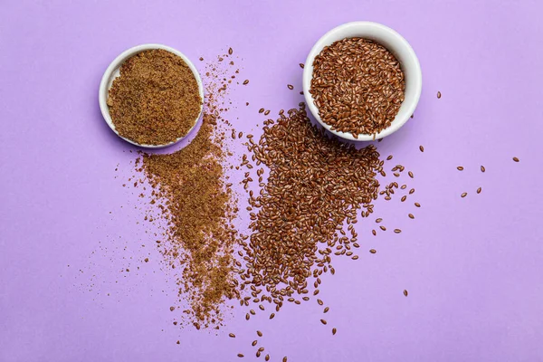 Bowls Flax Seeds Color Background — Stock Photo, Image