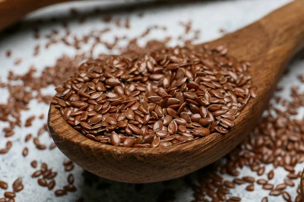 Spoon Flax Seeds Table Closeup — Stock Photo, Image