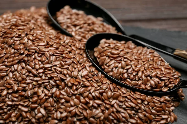 Spoons Flax Seeds Table Closeup — Stock Photo, Image