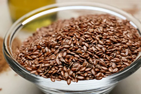 Bowl Flax Seeds Table Closeup — Stock Photo, Image