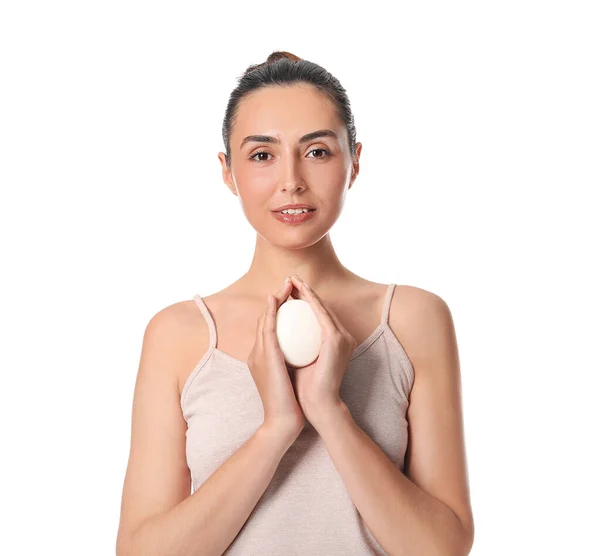 Beautiful Young Woman Soap White Background — Stock Photo, Image