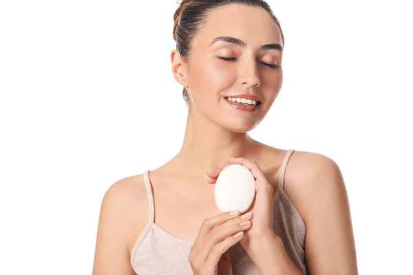 Beautiful Young Woman Soap White Background — Stock Photo, Image