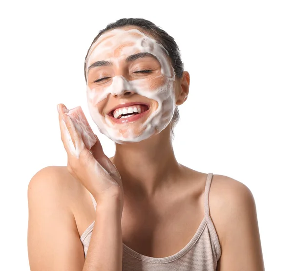 Mulher Bonita Com Sabão Fundo Branco — Fotografia de Stock