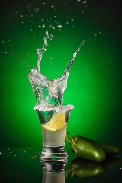 Shot Tasty Tequila Jalapeno Peppers Color Background — Stock Photo, Image