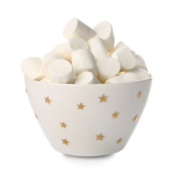 Tigela Com Saborosos Marshmallows Fundo Branco — Fotografia de Stock