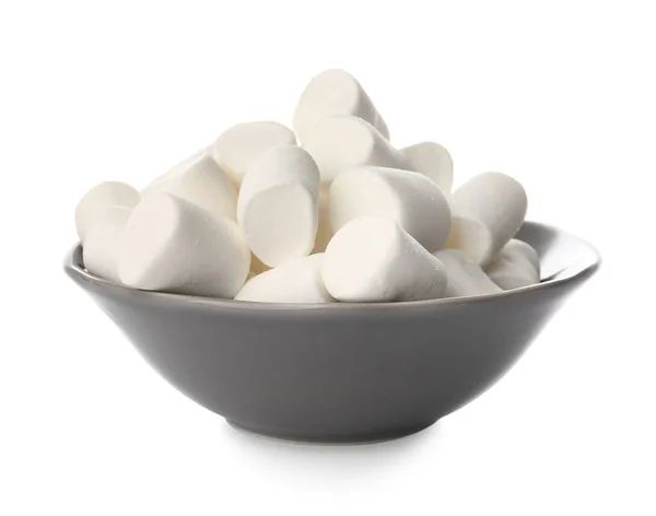 Tigela Com Saborosos Marshmallows Fundo Branco — Fotografia de Stock