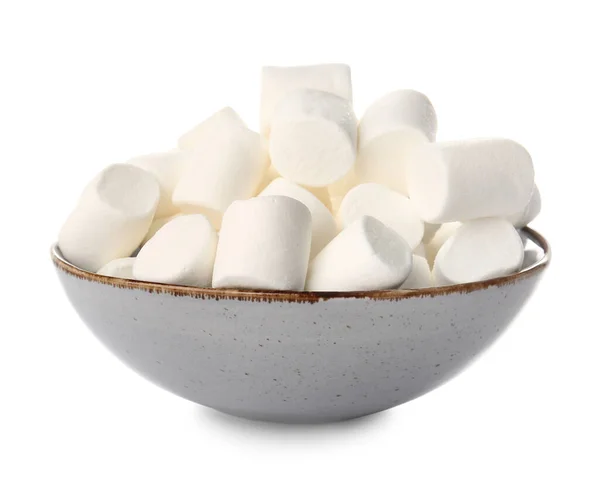 Tigela Com Saborosos Marshmallows Fundo Branco — Fotografia de Stock