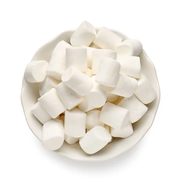 Tigela Com Saborosos Marshmallows Fundo Branco — Fotografia de Stock