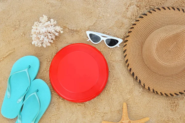 Composition Frisbee Disk Beach Accessories Sand — Stock Photo, Image