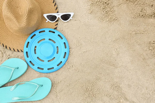 Composition Frisbee Disk Beach Accessories Sand — Stock Photo, Image
