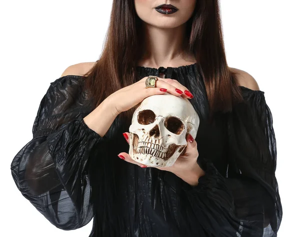 Young Witch Skull White Background — Stock Photo, Image