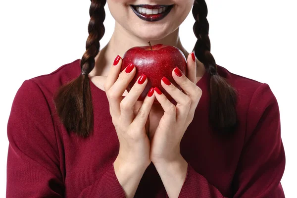Young Witch Apple White Background Closeup — Stock Photo, Image