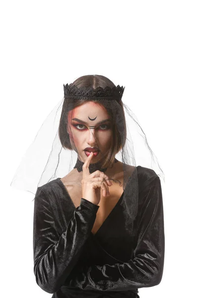 Vacker Kvinna Klädd Som Häxa För Halloween Vit Bakgrund — Stockfoto