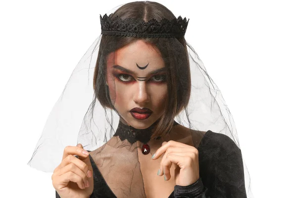 Hermosa Mujer Vestida Bruja Para Halloween Sobre Fondo Blanco —  Fotos de Stock