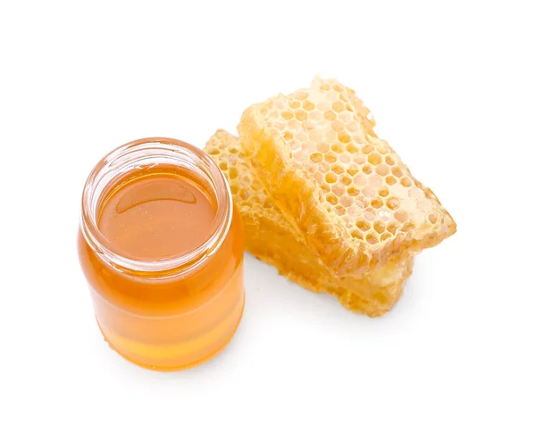 Jar Honey Honeycombs White Background — Stock Photo, Image