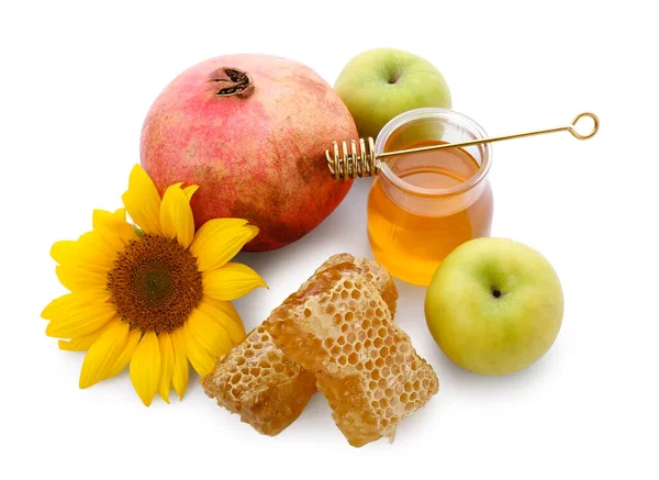 Símbolos Doces Rosh Hashanah Ano Novo Judaico Fundo Branco — Fotografia de Stock