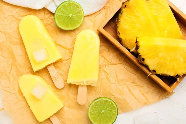 Tasty Pineapple Popsicles Light Background — Stock Photo, Image
