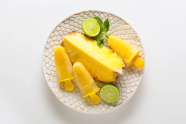 Plate Tasty Pineapple Popsicles White Background — Stock Photo, Image