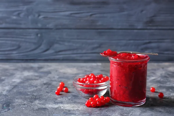Jar Red Currant Jam Berries Dark Background — Stock Photo, Image