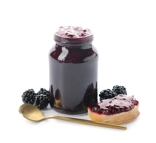 Jar Tasty Blackberry Jam Sandwich White Background — Stock Photo, Image