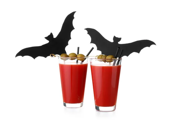 Glasses Tasty Bloody Mary Cocktail Decorated Halloween White Background — Stock Photo, Image