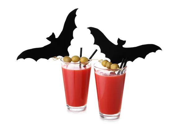 Glasses Tasty Bloody Mary Cocktail Decorated Halloween White Background — Stock Photo, Image