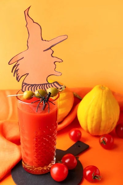 Glass Tasty Bloody Mary Cocktail Decorated Halloween Color Background — Stock Photo, Image