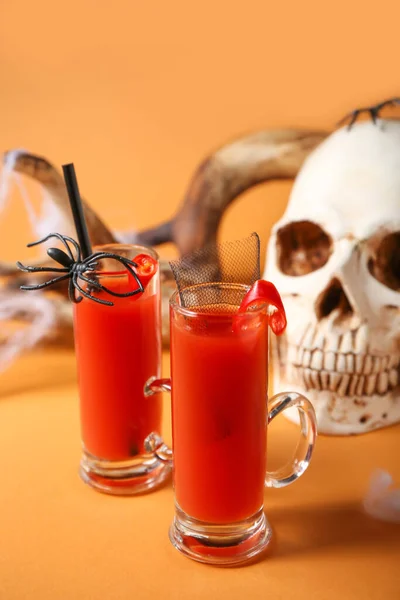 Shots Tasty Bloody Mary Cocktail Decorated Halloween Color Background — Stock Photo, Image