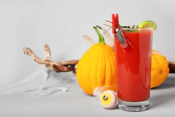 Glass Tasty Bloody Mary Cocktail Decorated Halloween Light Background — Stock Photo, Image