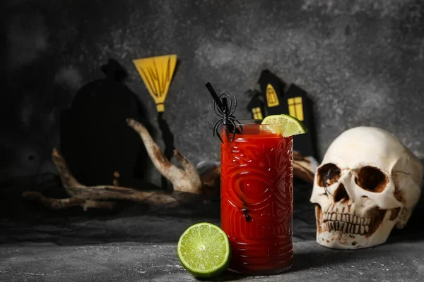 Glass Tasty Bloody Mary Cocktail Decorated Halloween Dark Background — Stock Photo, Image