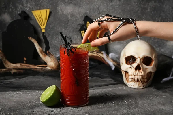 Woman Decorating Glass Tasty Bloody Mary Cocktail Halloween Party Dark — Stock Photo, Image