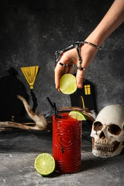 Woman Squeezing Lime Glass Tasty Bloody Mary Cocktail Dark Background — Stock Photo, Image