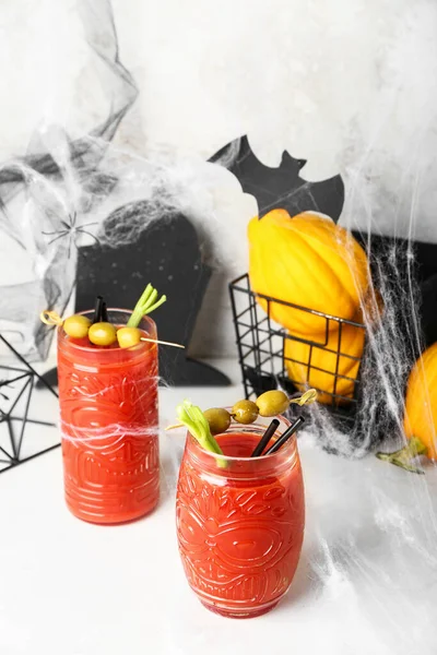 Glasses Tasty Bloody Mary Cocktail Decorated Halloween Light Background — Stock Photo, Image