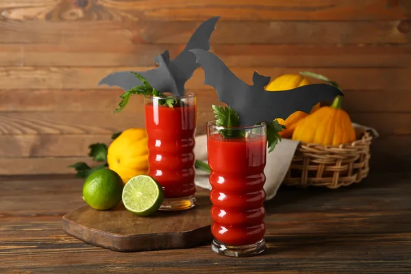 Glasses Tasty Bloody Mary Cocktail Decorated Halloween Wooden Background — Stock Photo, Image