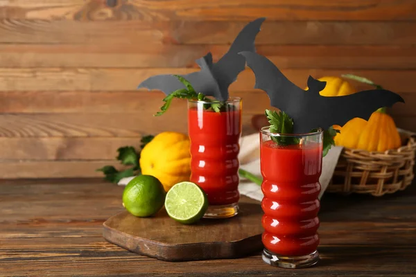 Glasses Tasty Bloody Mary Cocktail Decorated Halloween Wooden Background — Stock Photo, Image