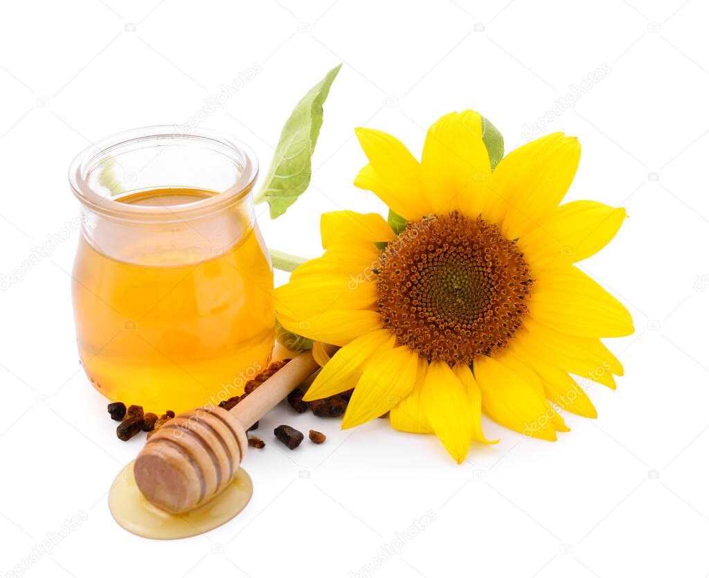 Jar with honey and beebread on white background